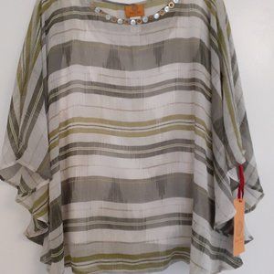 Butterfly blouse with gray and olive green stripes